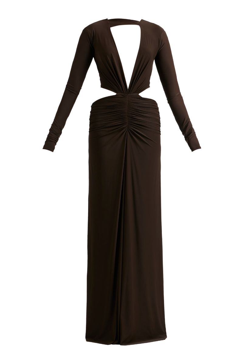 AMALIE MAXI DRESS IN CHOCOLATE BROWN - CULT MIA