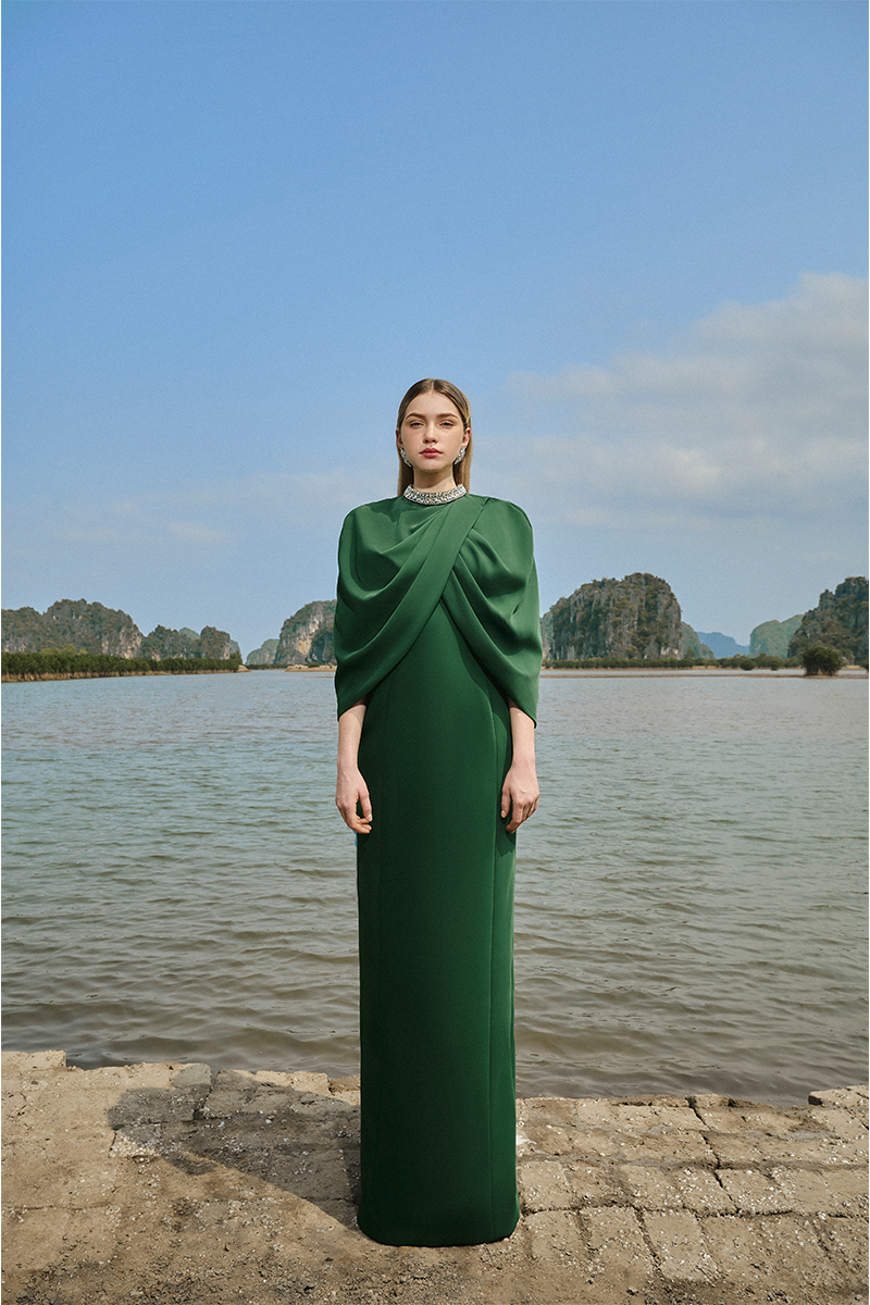 GREEN COLLAR STONE EMBELLISHED CAPE WITH GOWN SET - CULT MIA
