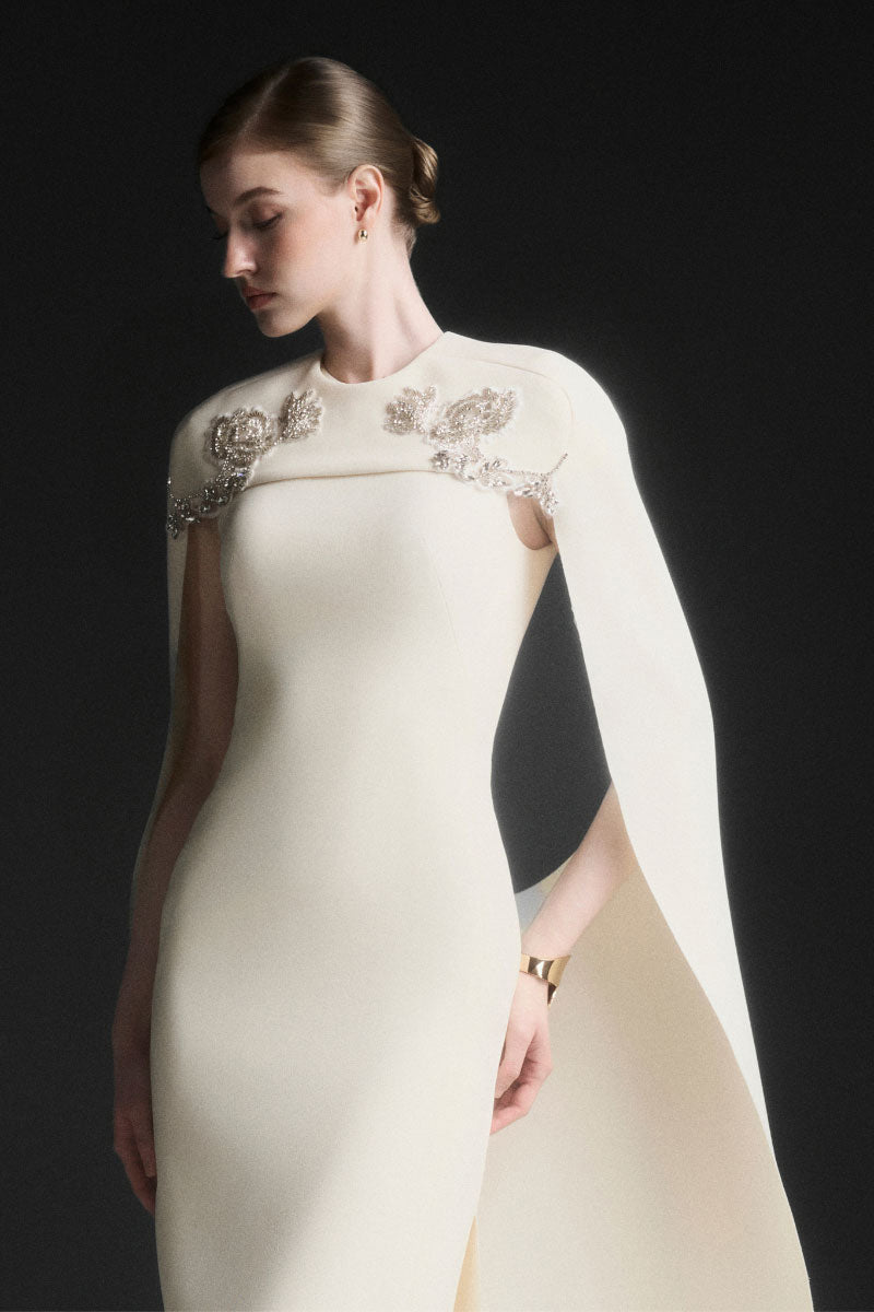 Maison Des Copains NERISSE embroidery midi dress in vanilla cream, featuring intricate embroidery and a flowing midi length.