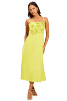 Mestiza New York Esperanza midi dress in vibrant citrus green with a flowy silhouette and sleeveless design.