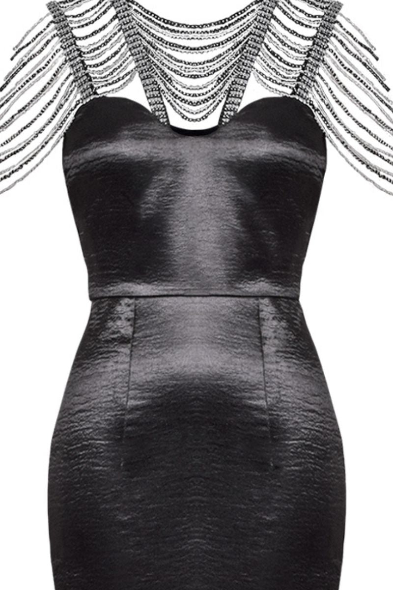 BLACK TEXTURED SATIN SEQUIN PENCIL MAXI DRESS - CULT MIA