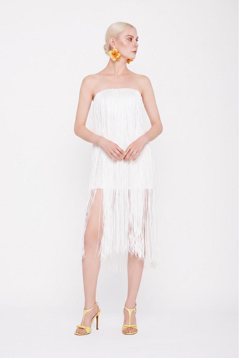 Valenciani white all-over fringe midi dress with flowing design and intricate fringe details, perfect for stylish occasions.
