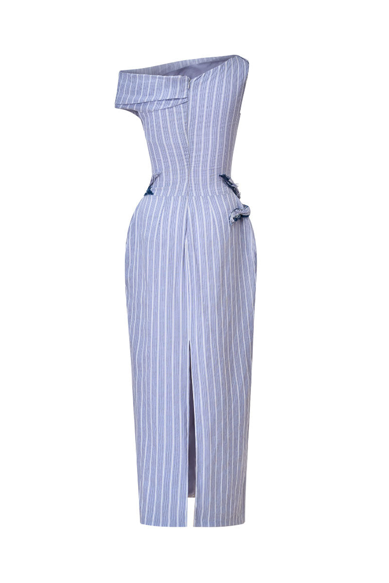 Blue embroidered pinstripe off-shoulder midi dress by LeCia, featuring a stylish off-shoulder neckline and elegant midi length.
