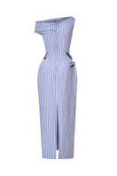 Blue embroidered pinstripe off-shoulder midi dress by LeCia, featuring a stylish off-shoulder neckline and elegant midi length.
