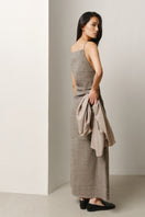 Lecia square-neck column maxi dress in flowing fabric, featuring a fitted silhouette and elegant design.