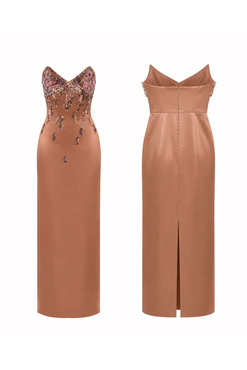 HACCHIC COUTURE Aurora embellished blush nude column maxi dress displayed on a model. Elegant evening wear with intricate embellishments.