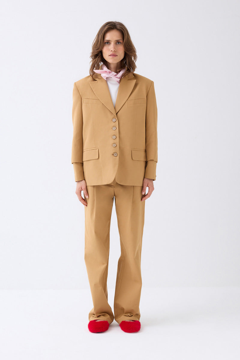 Brown ColoReve blazer shown on a model, tailored fit with lapel collar and button closure, styled for formal or casual wear.