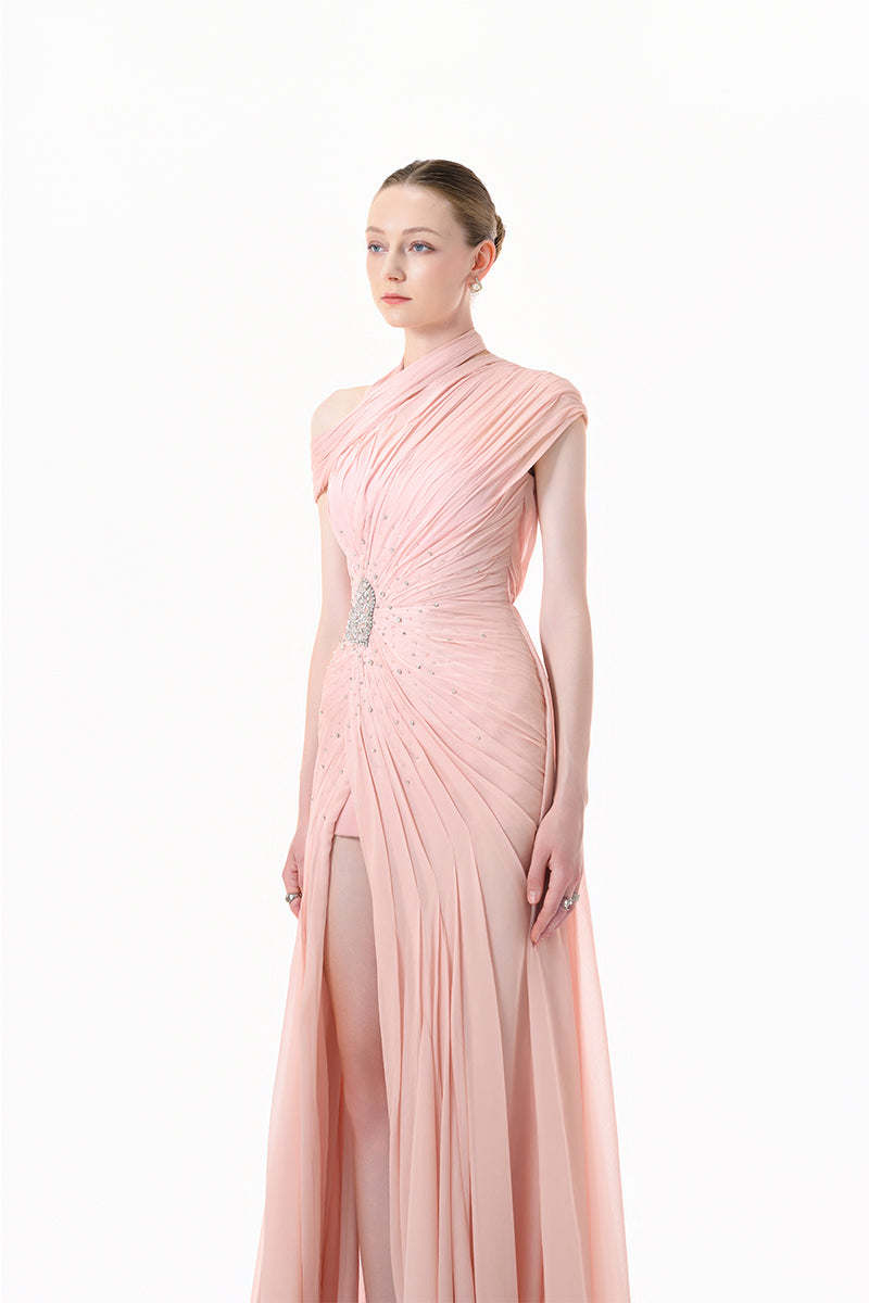 Blush rose pleated draped maxi gown by Happy Clothing featuring elegant fabric and flowing design for formal occasions.