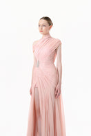 Blush rose pleated draped maxi gown by Happy Clothing featuring elegant fabric and flowing design for formal occasions.