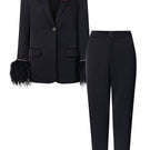 Black Kelly Taffeta feather suit co-ords by 21Six, featuring a tailored jacket and matching pants with feather details.