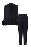 Black Kelly Taffeta feather suit co-ords by 21Six, featuring a tailored jacket and matching pants with feather details.