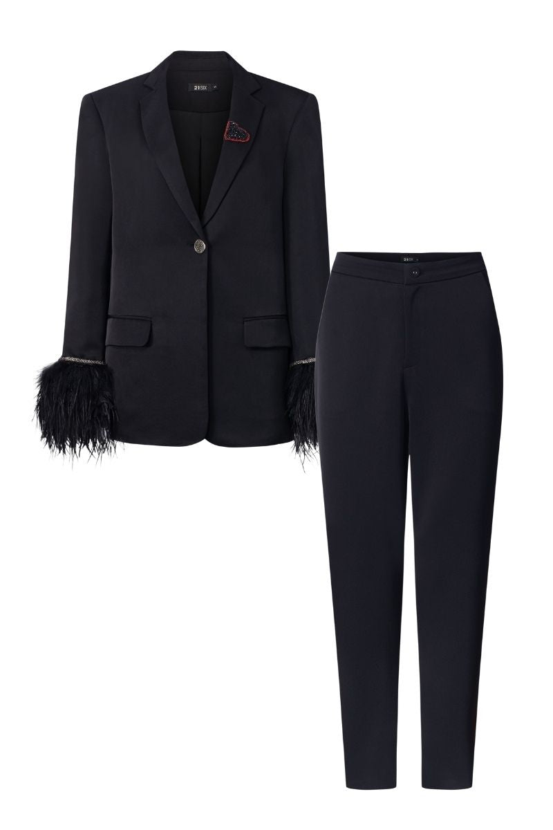 Black Kelly Taffeta feather suit co-ords by 21Six, featuring a tailored jacket and matching pants with feather details.