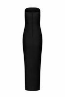 Elegant black LEDIEL Kaya gown with flowing fabric and fitted waist, showcased on a mannequin.