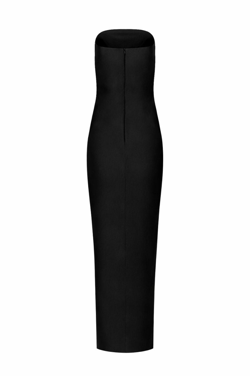 Elegant black LEDIEL Kaya gown with flowing fabric and fitted waist, showcased on a mannequin.