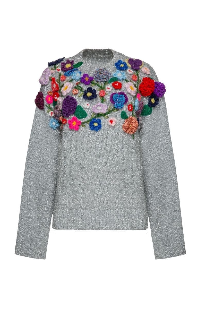 Lalo Gray Floris embroidered sweater featuring detailed floral embroidery on soft knit fabric, long sleeves, and cozy fit.