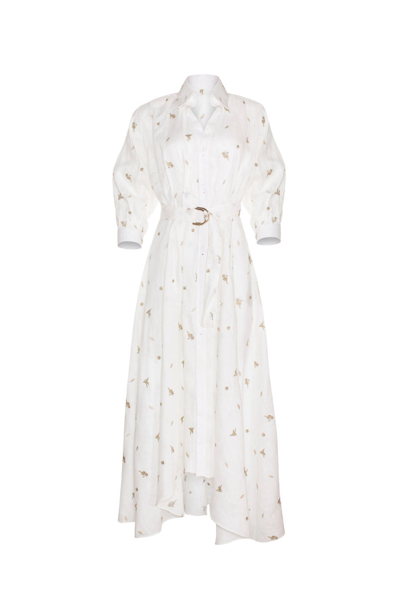 CAMELLIA AND LILIES SHIRT DRESS IN IVORY GOLD