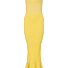 Andreeva butter yellow metallic knit maxi dress displayed on a model, featuring a fitted silhouette and long sleeves.