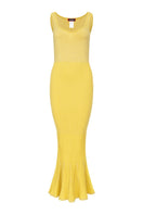 Andreeva butter yellow metallic knit maxi dress displayed on a model, featuring a fitted silhouette and long sleeves.