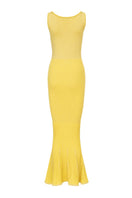 Yellow metallic knit maxi dress by Andreeva featuring a fitted silhouette and elegant long sleeves.