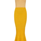 Andreeva Golden Hour metallic knit maxi dress with long sleeves and a fitted silhouette, showcasing a shimmering gold finish.