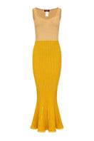 Andreeva Golden Hour metallic knit maxi dress with long sleeves and a fitted silhouette, showcasing a shimmering gold finish.