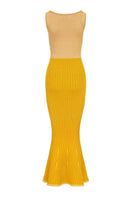 Golden Hour metallic knit maxi dress by Andreeva, featuring a shimmering gold finish and elegant, flowing silhouette.
