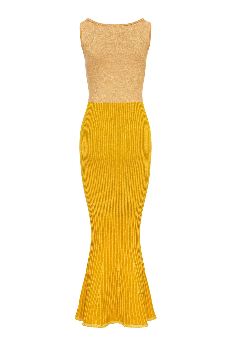 Golden Hour metallic knit maxi dress by Andreeva, featuring a shimmering gold finish and elegant, flowing silhouette.