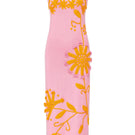 Andreeva golden daisy knit midi dress with handmade embroidery, featuring a fitted silhouette and floral detailing.