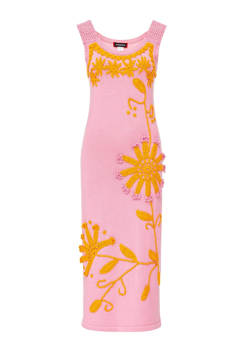 GOLDEN DAISY KNIT DRESS WITH HANDMADE EMBROIDERY