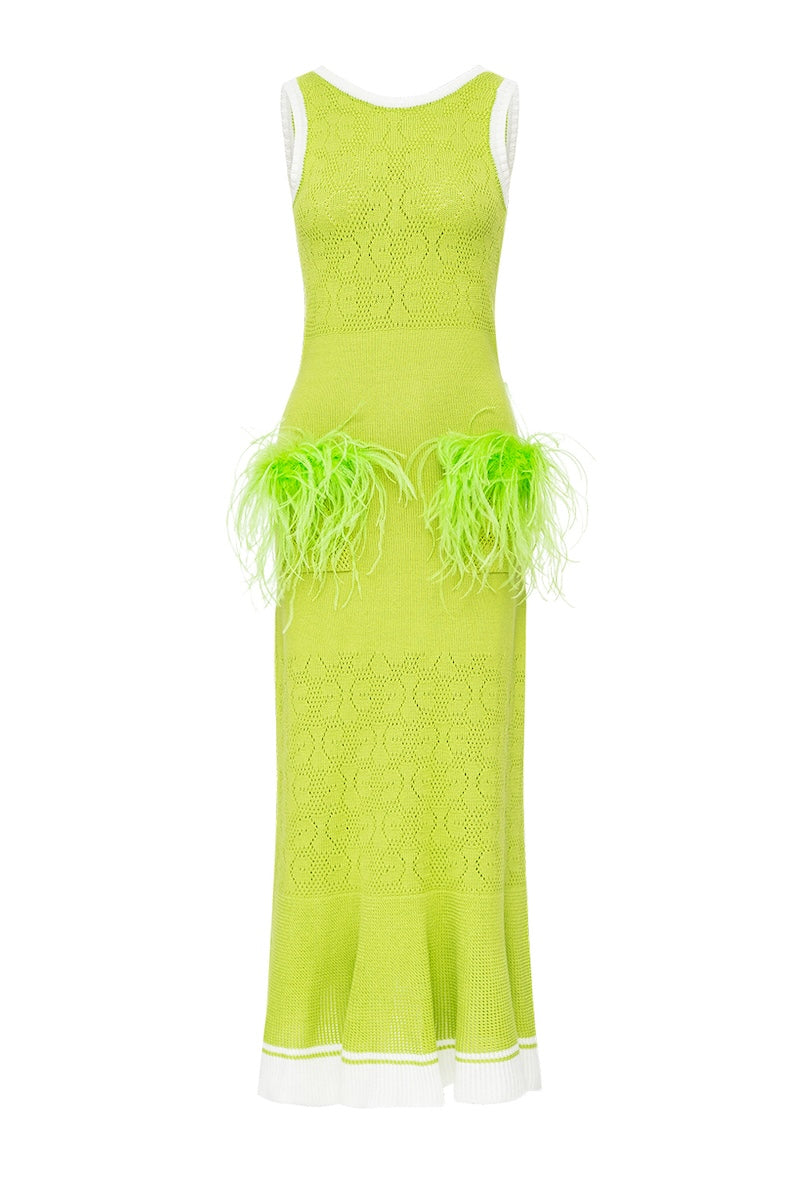 APPLE GREEN DRESS WITH REAL OSTRICH FEATHER DETAILS