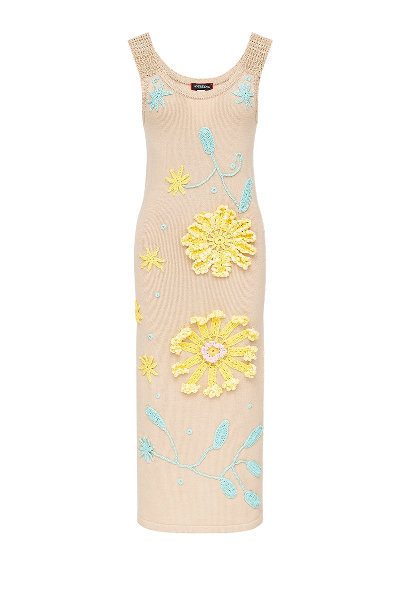 BUTTER DAISY KNIT DRESS WITH HANDMADE EMBROIDERY