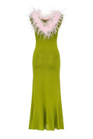 Andreeva green knit midi dress with pink feather details, featuring a stylish and elegant design.