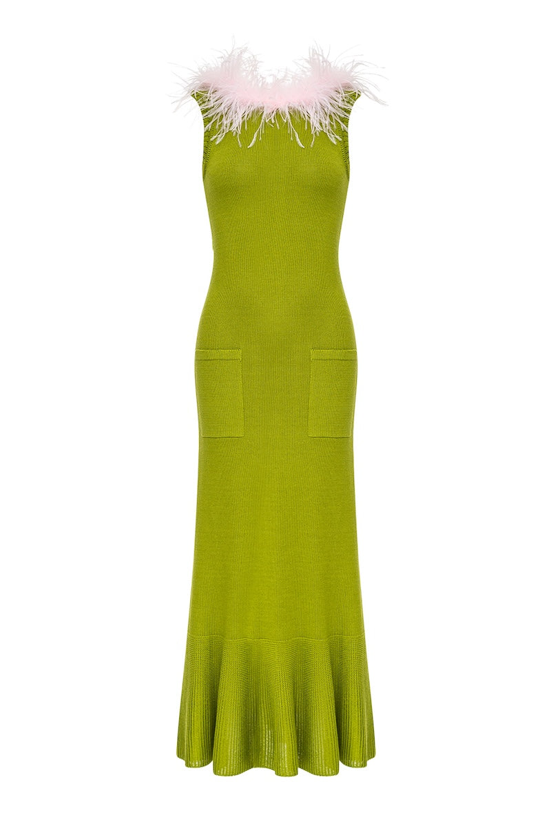 CHRYSANTHEMUM GREEN KNIT DRESS WITH PINK FEATHERS DETAILS - CULT MIA