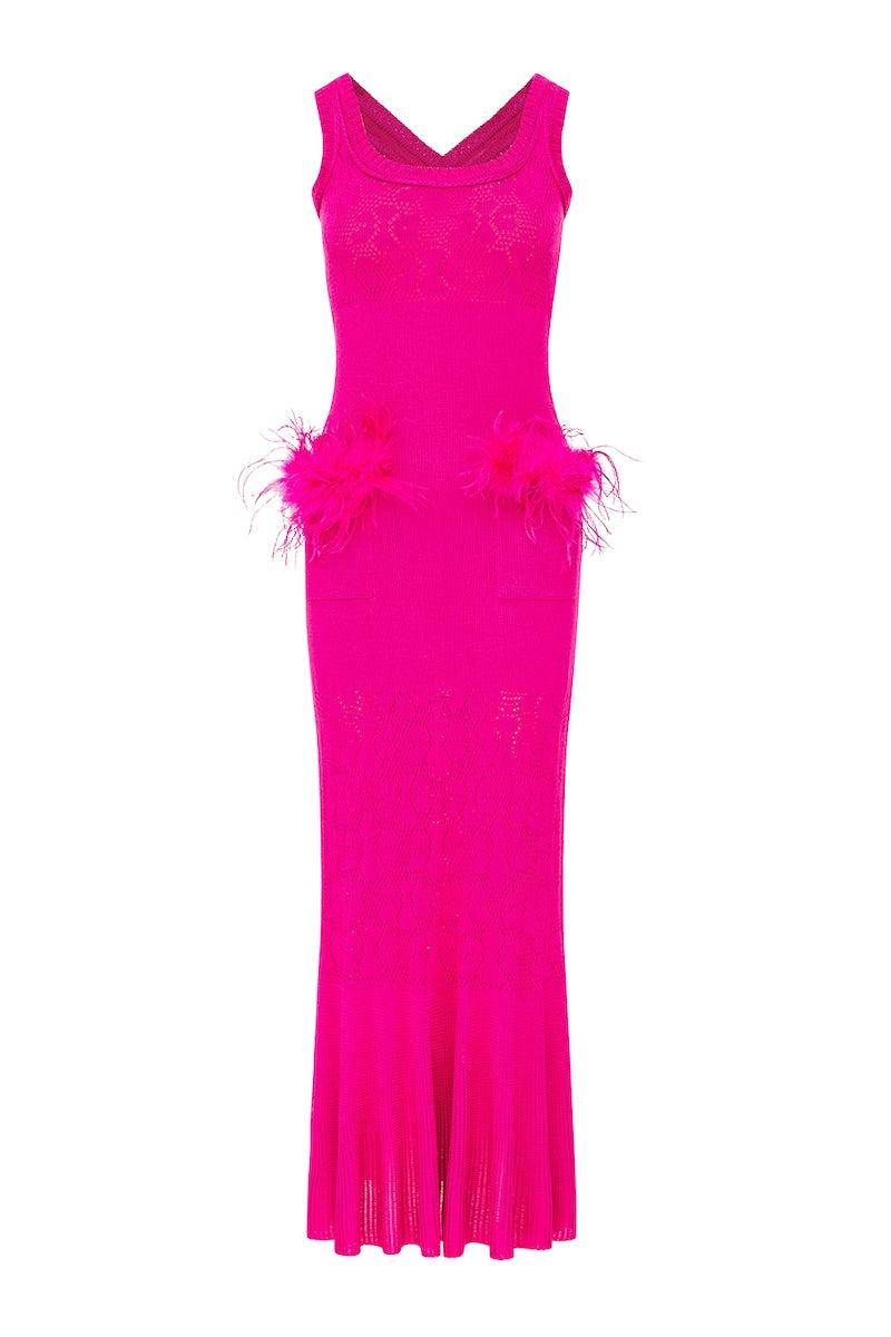 CAMELLIA KNIT DRESS WITH REAL OSTRICH FEATHER DETAILS