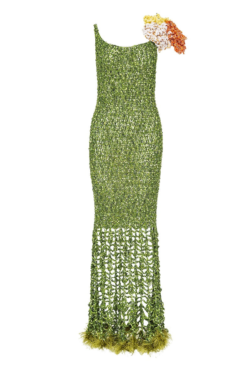 CHRYSANTHEMUM GREEN MAXI HANDMADE CROCHET DRESS
