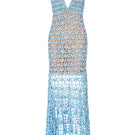 Metallic iris handmade crochet maxi dress by Andreeva featuring intricate crochet details and flowing fabric in a vibrant metallic finish.