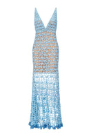 Metallic iris handmade crochet maxi dress by Andreeva featuring intricate crochet details and flowing fabric in a vibrant metallic finish.