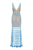 Andreeva metallic iris handmade crochet maxi dress with intricate crochet details and flowing fabric.