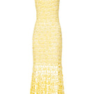 Yellow crochet midi dress by Andreeva featuring intricate handmade floral patterns and a flowing, elegant design.