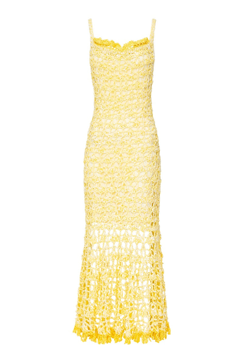 BUTTER YELLOW CHRYSANTHEMUM MIDI HANDMADE CROCHET DRESS