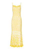 Yellow crochet midi dress by Andreeva featuring intricate handmade floral patterns and a flowing, elegant design.