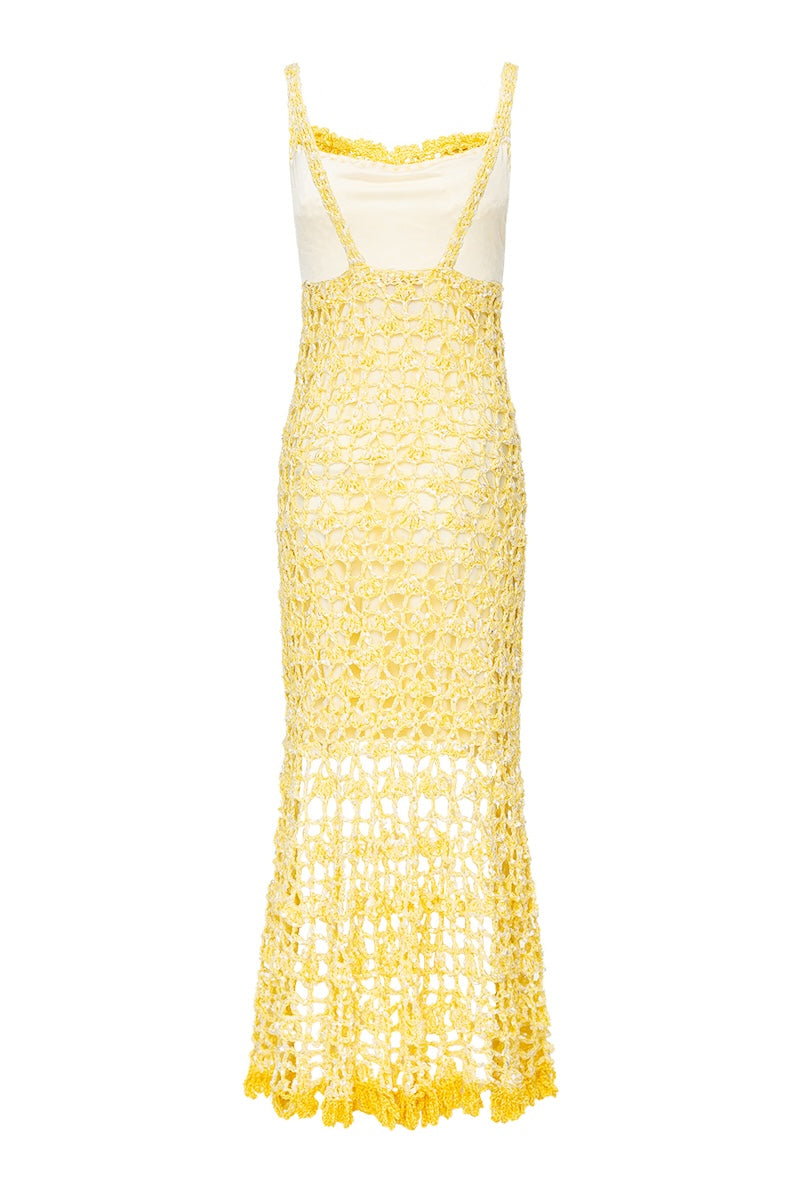 BUTTER YELLOW CHRYSANTHEMUM MIDI HANDMADE CROCHET DRESS | CULT MIA