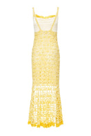 Yellow handmade crochet midi dress with butter chrysanthemum pattern by Andreeva, featuring a flowy, elegant design.