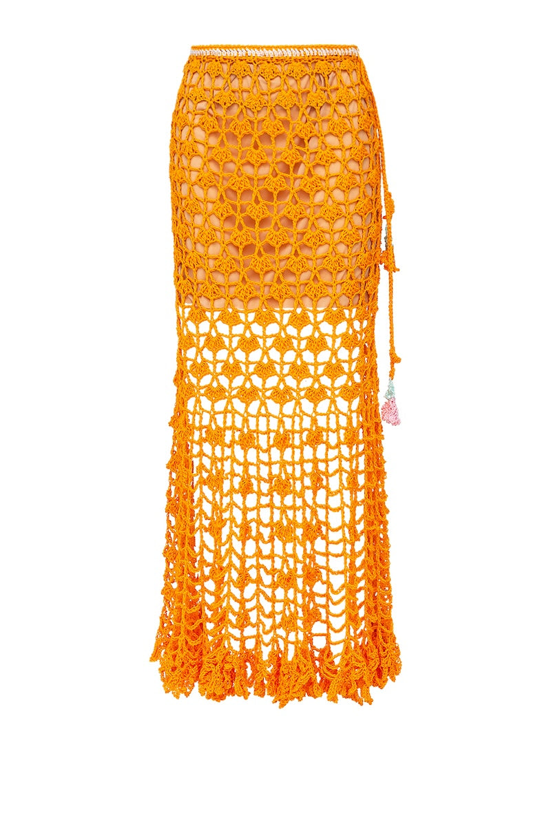 Orange California poppy handmade knit midi skirt by Andreeva, featuring a flowy, textured fabric and a stylish midi-length design.