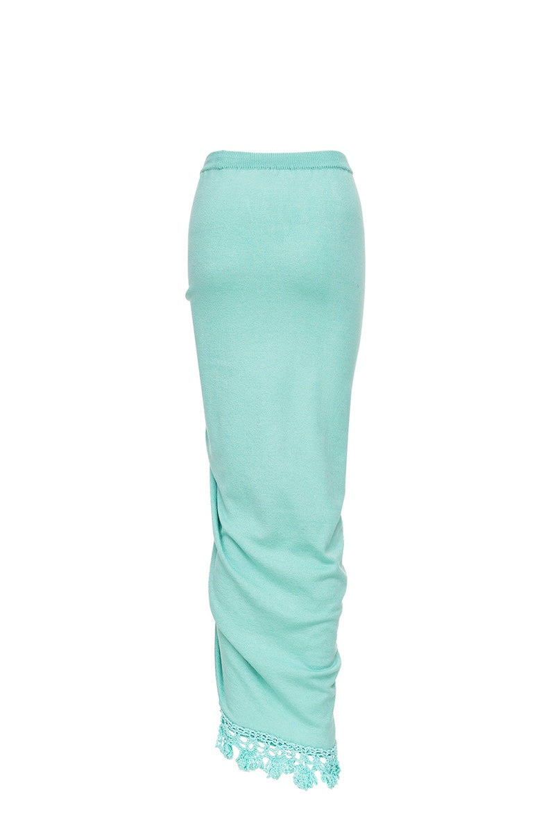 Mint green crochet knit midi skirt with handmade embroidery by Andreeva, featuring intricate floral patterns.