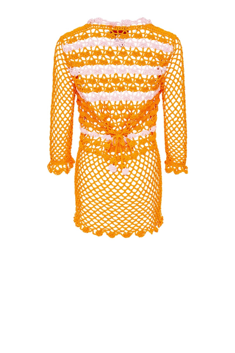 Orange handmade crochet shirt with California poppy design by Andreeva, featuring detailed floral embroidery and a relaxed fit.