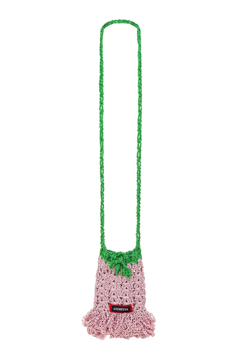 Andreeva Lily handmade crochet mini bucket bag with top handle, crafted from woven yarn in natural tones.