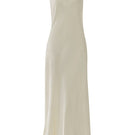 Deme By Gabriella Shannyn Off White high-neck satin gown displayed on a model, elegant floor-length evening dress with long sleeves