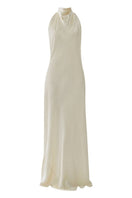 Deme By Gabriella Shannyn Off White high-neck satin gown displayed on a model, elegant floor-length evening dress with long sleeves
