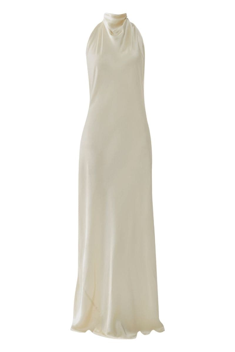 Deme By Gabriella Shannyn Off White high-neck satin gown displayed on a model, elegant floor-length evening dress with long sleeves